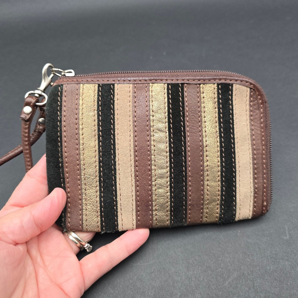 Fossil Leather Wristlet Wallet Brown Striped Suede Metallic Gold Zip Around
